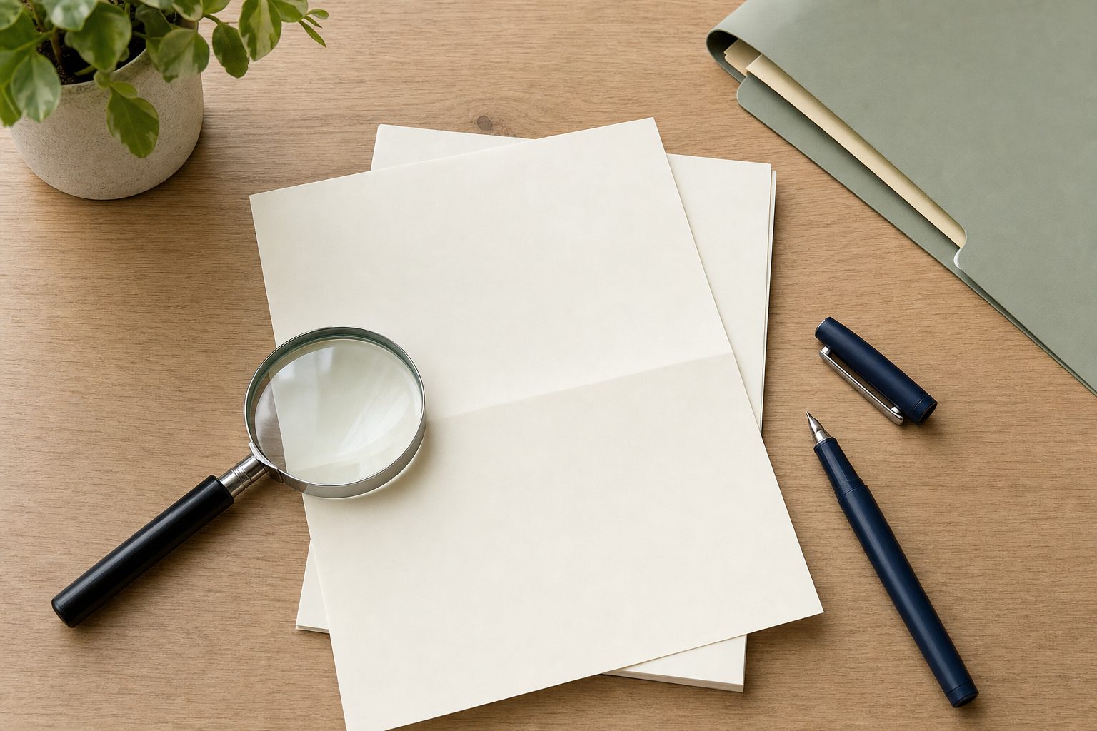 Blank paper notice, magnifying glass, pen, and file folder arranged for review