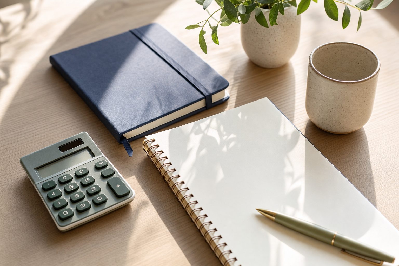 Calculator, closed notebook, ceramic cup, and blank planning paper on a tidy desk