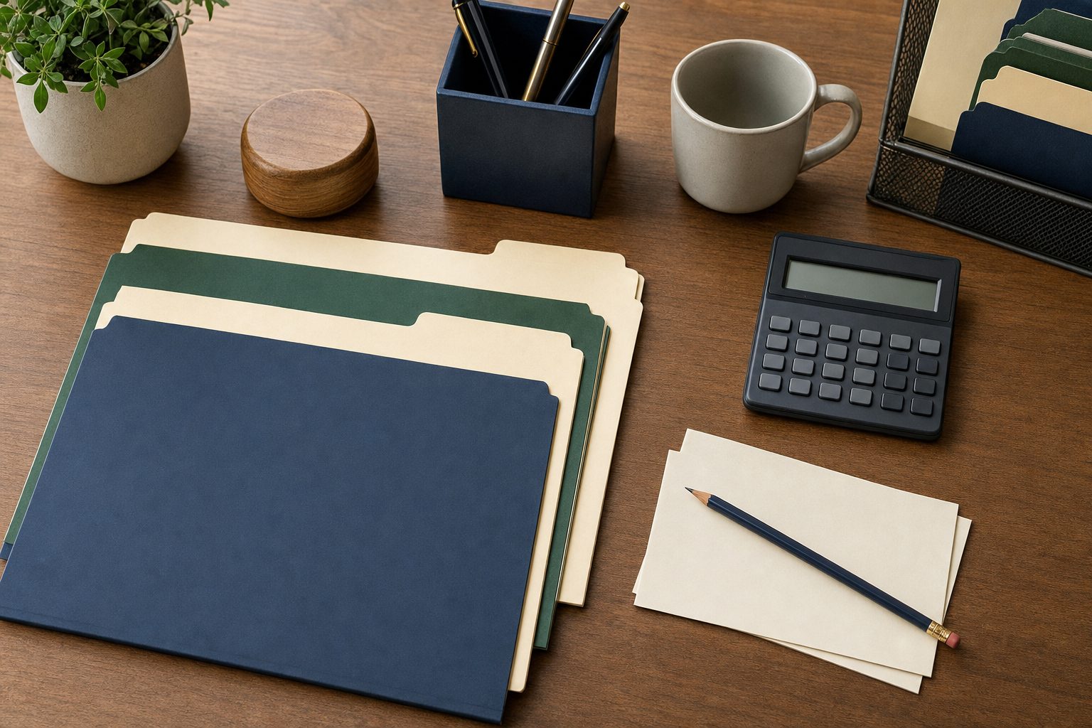 Organized folders, calculator, note cards, and pencil arranged for a financial records review