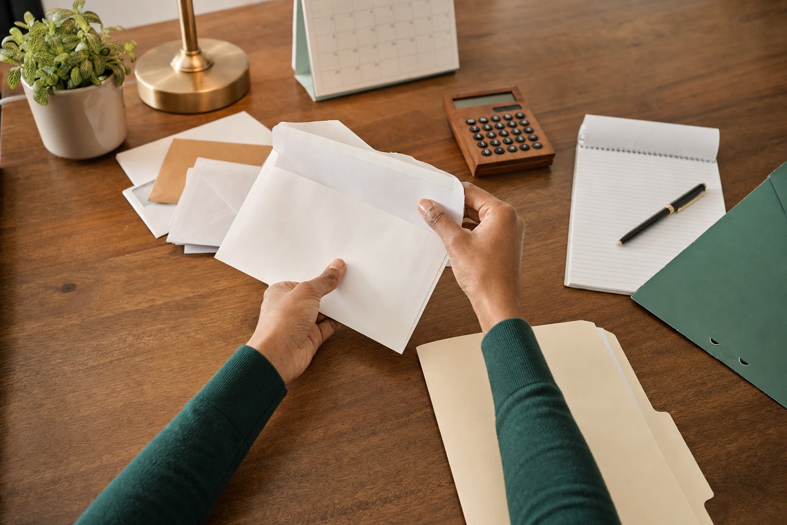 Hands organizing generic tax correspondence, envelopes, notepad, and calculator