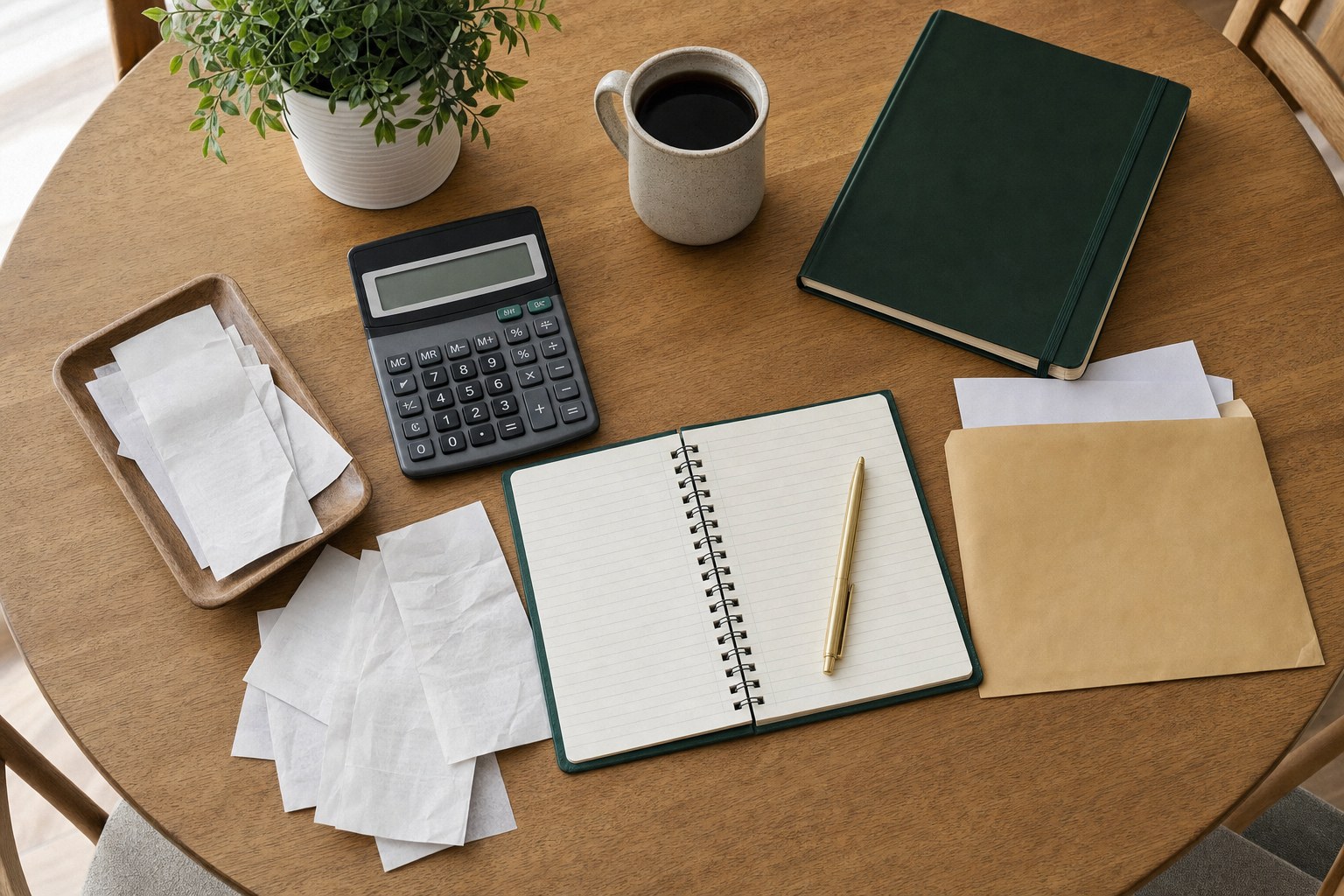 Generic household budget notes, receipts, and calculator arranged on a table