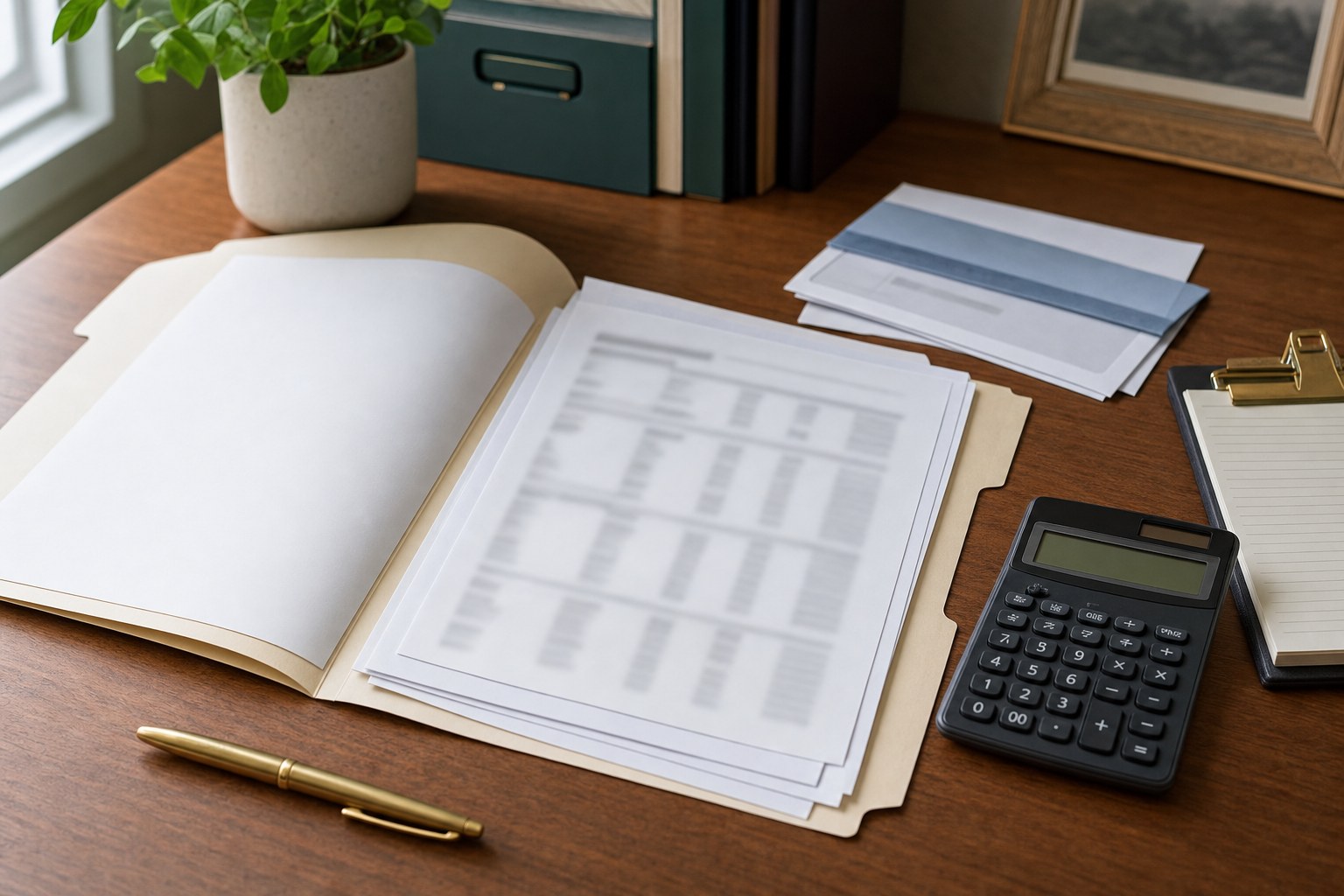 Generic financial records, calculator, and a file folder prepared for review on a desk