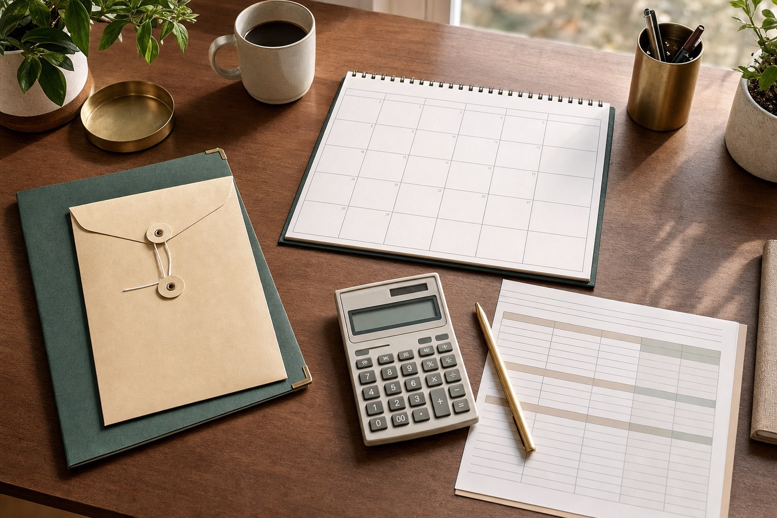 Generic tax correspondence, calculator, calendar, and green file folder arranged on a desk