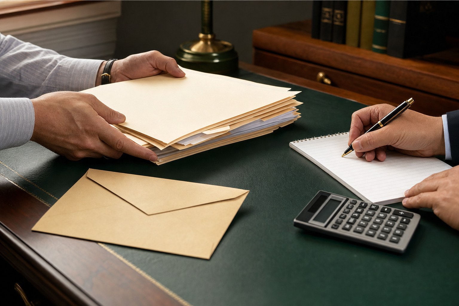 Two people reviewing generic financial records, a sealed envelope, and a calculator at a table