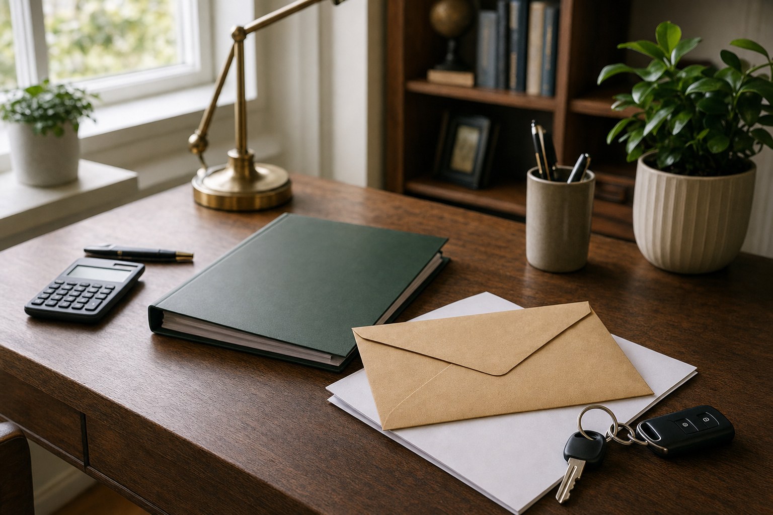 Generic tax correspondence, organized folder, calculator, and vehicle keys on a home-office desk
