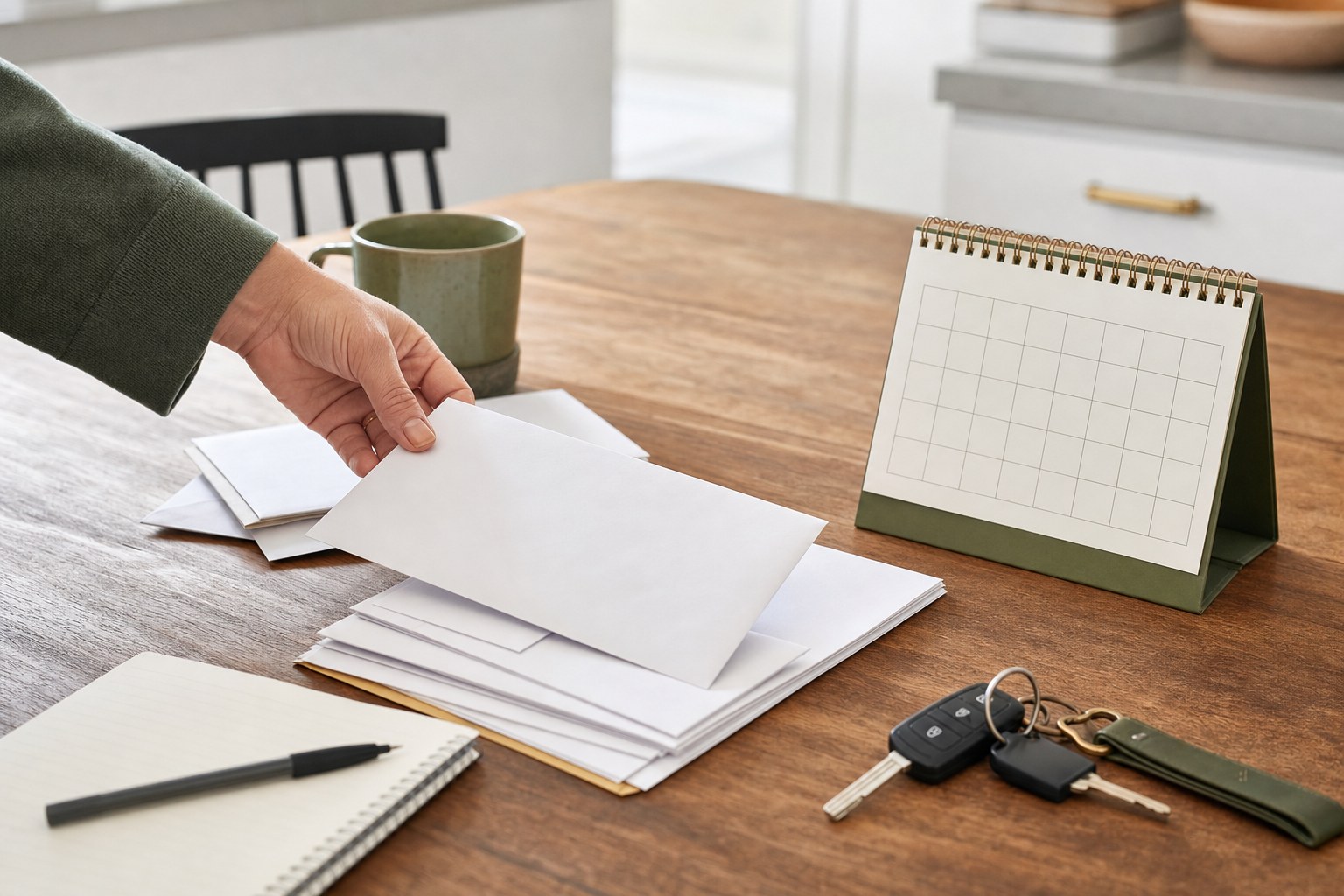 Person organizing generic mail beside vehicle keys and a blank desk calendar