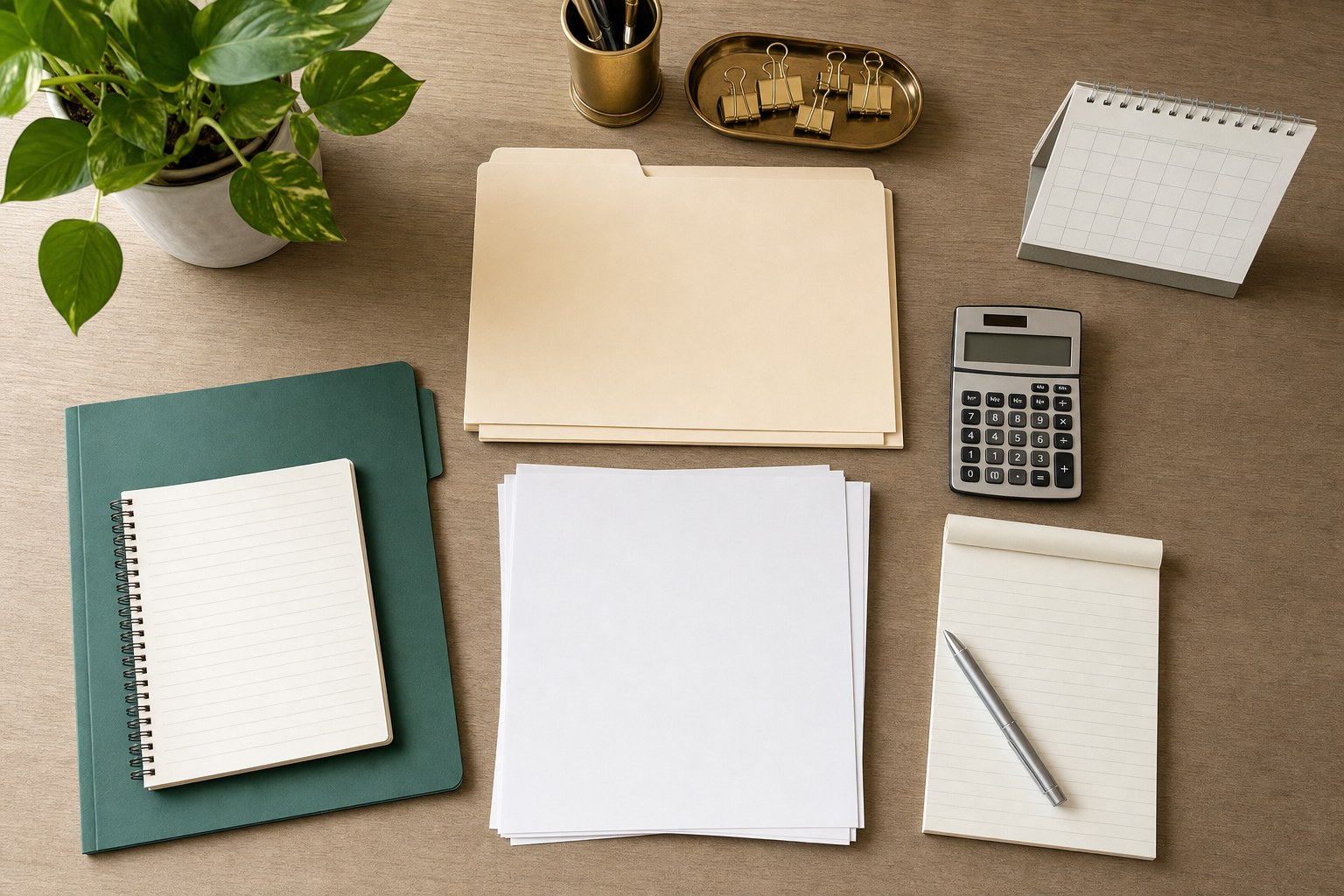 Organized folders, blank records, calculator, notebook, and calendar prepared on a desk