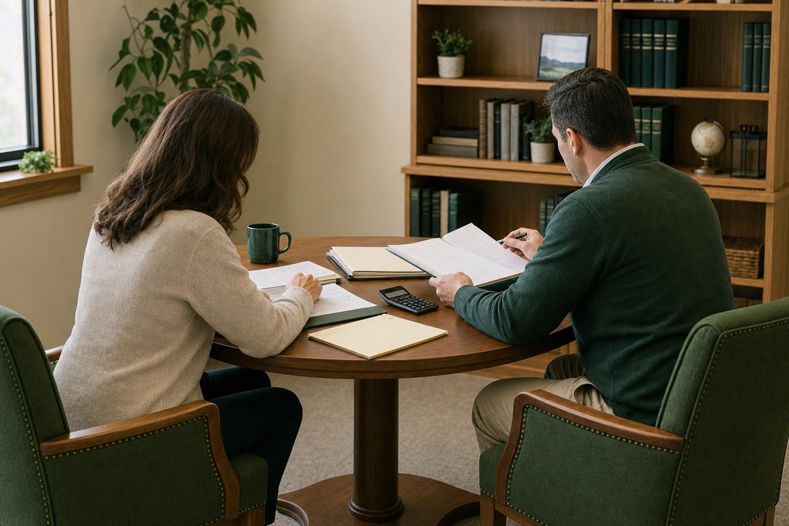 Tax professional and client reviewing generic records at a private office table