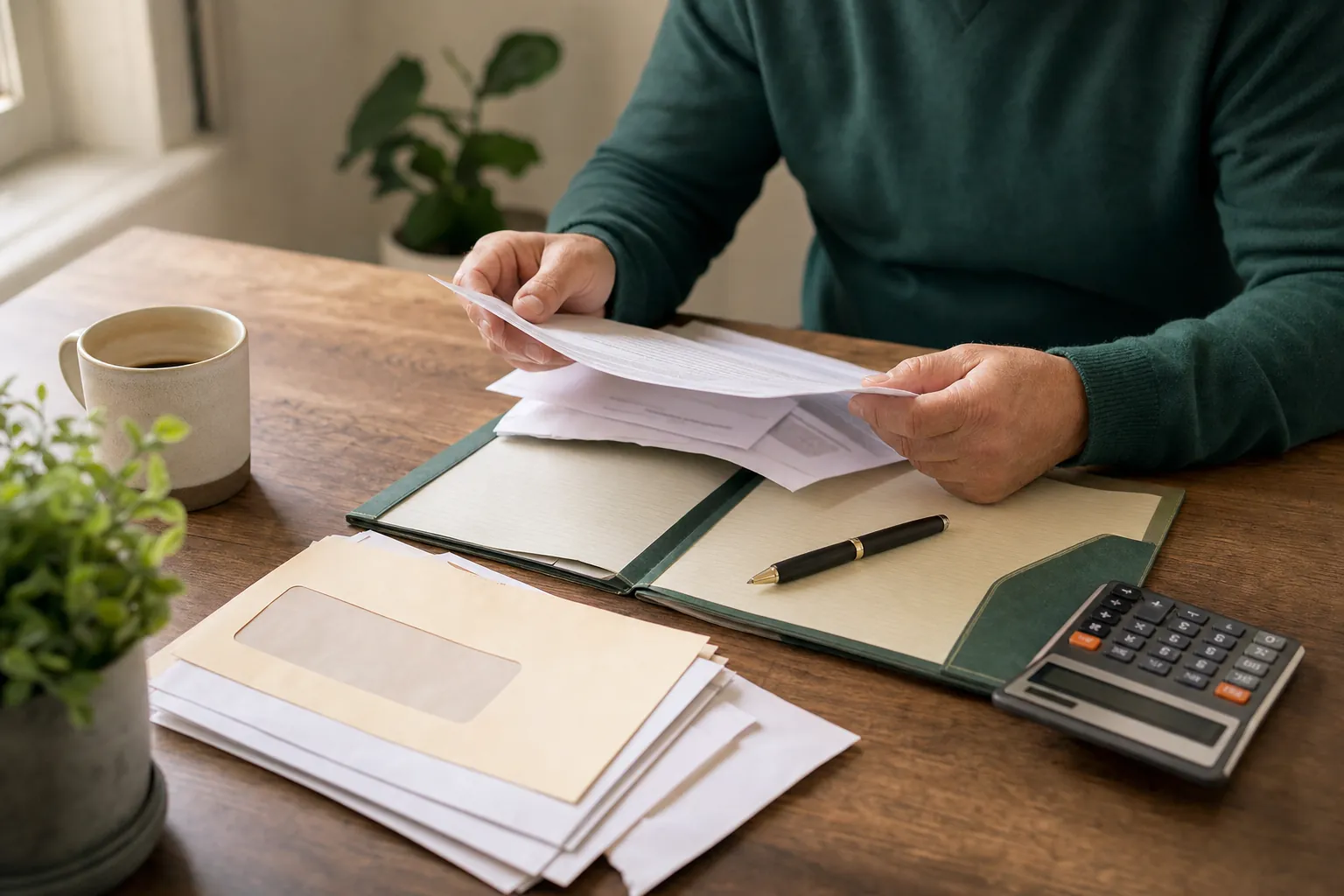 Person reviewing tax notices, a calculator, and paperwork at a desk