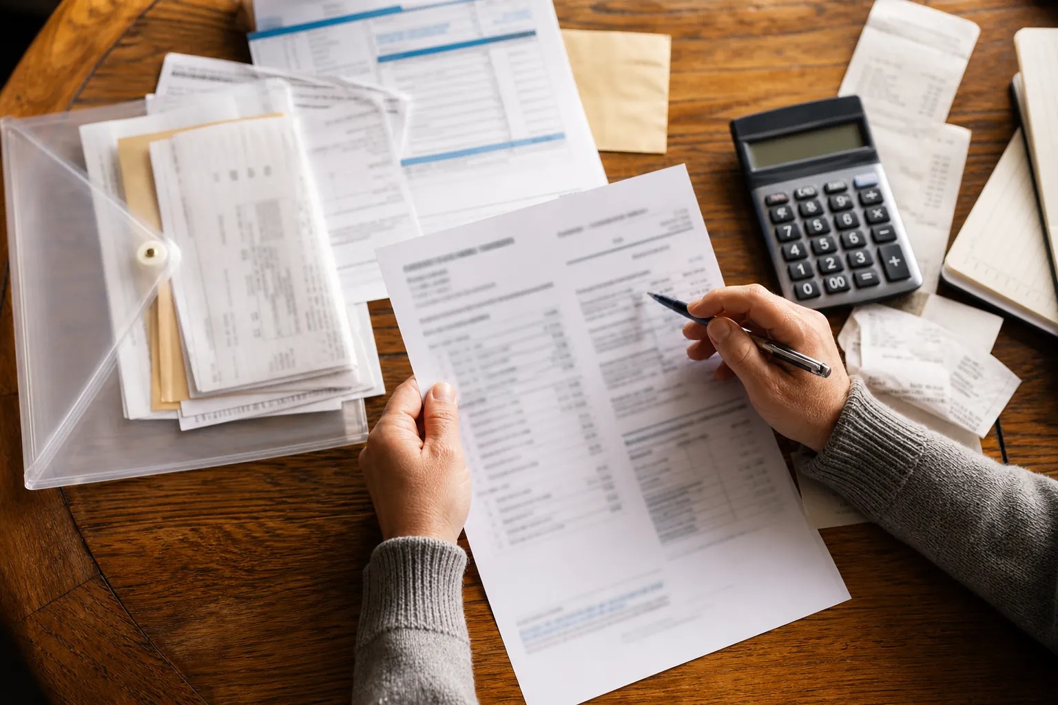 Adult reviewing a household budget, bills, and calculator at a table
