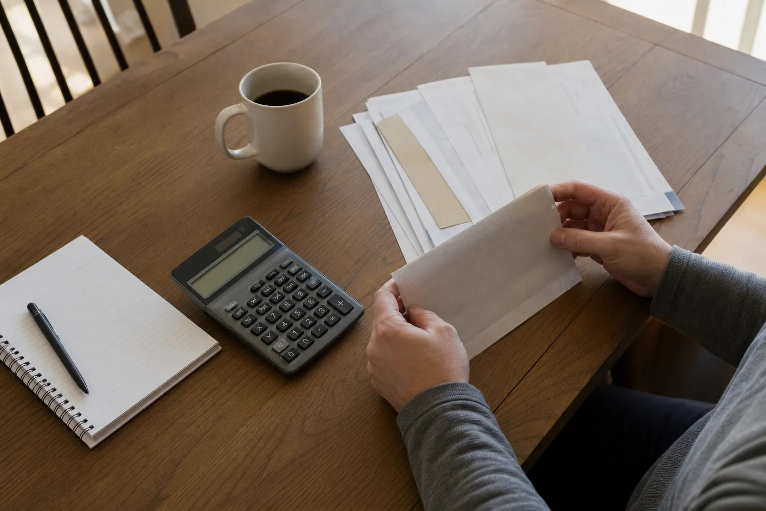 Person reviewing an unbranded payroll envelope, paperwork, and calculator at a kitchen table