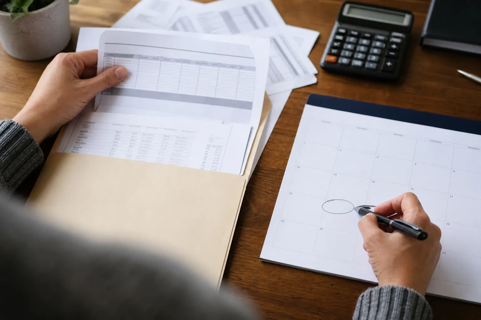 Person organizing financial paperwork and circling a deadline on a calendar