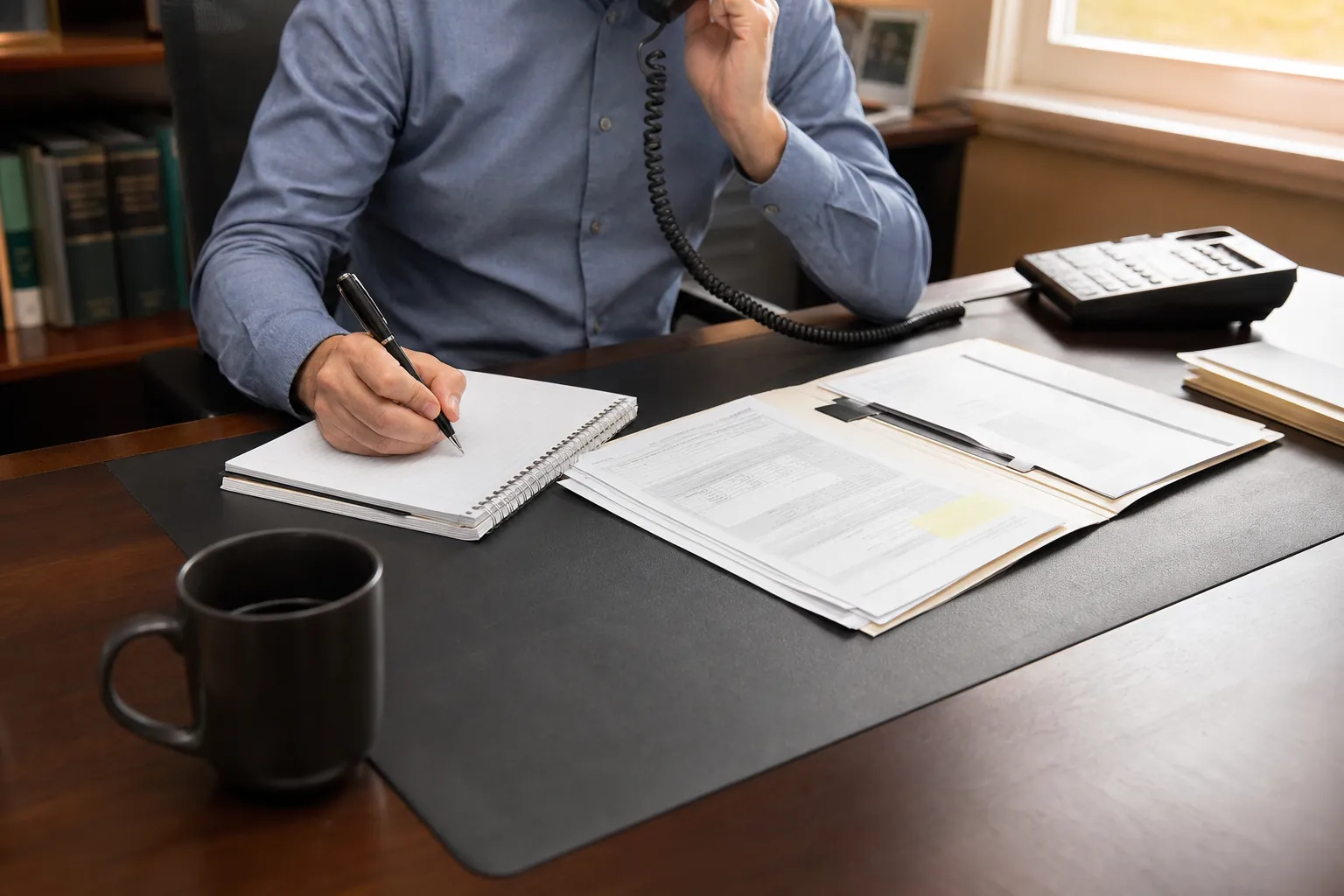 Tax professional taking notes during a confidential phone conversation at an office desk