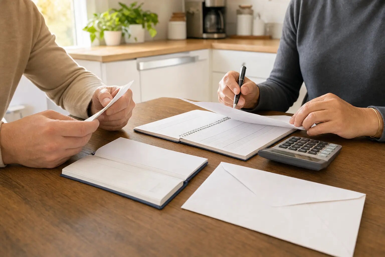 Two people reviewing household bank records, a calculator, and a plain envelope at a kitchen table