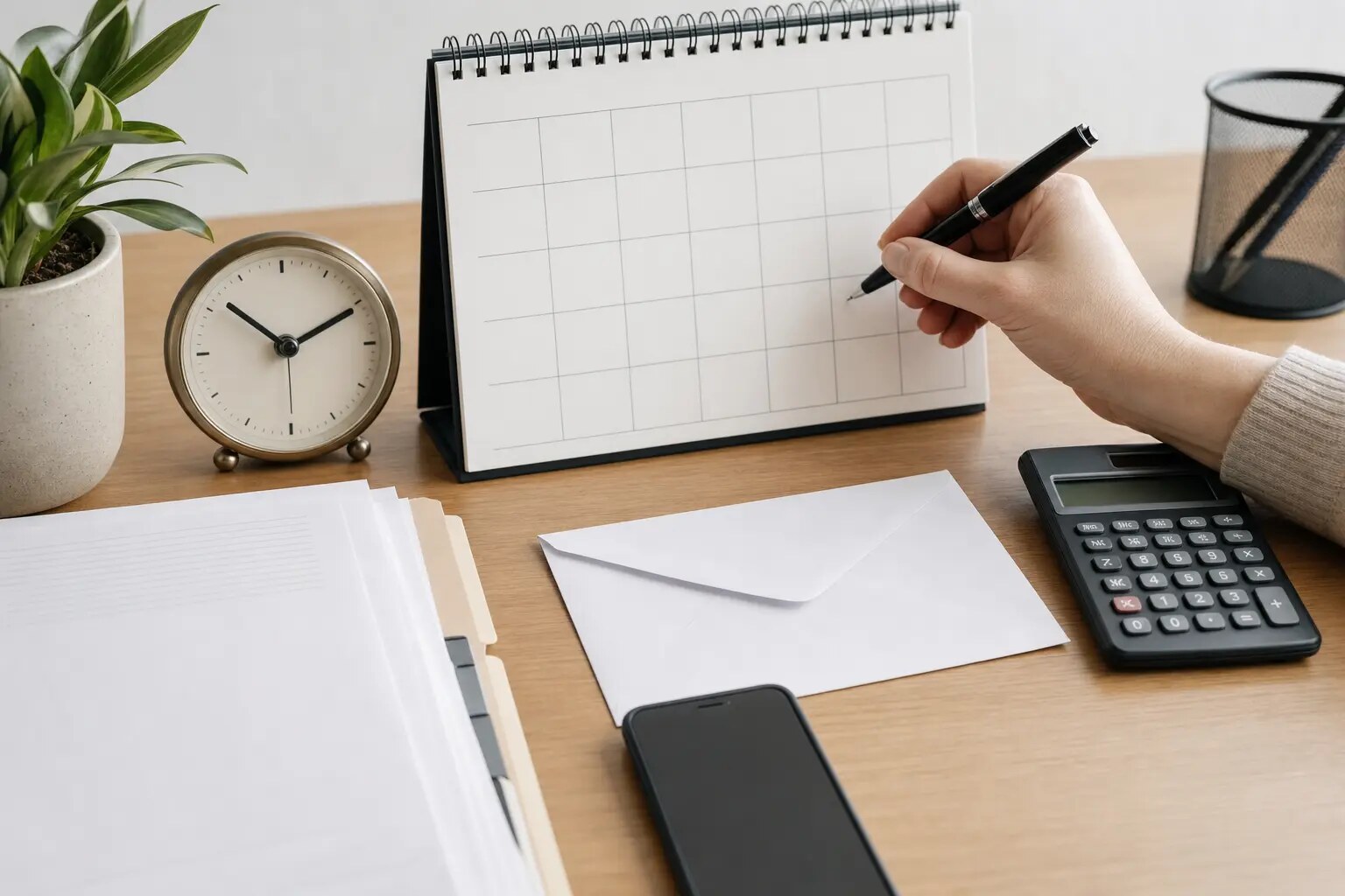 A hand marking a blank calendar square beside organized bank records, a calculator, and a small desk clock