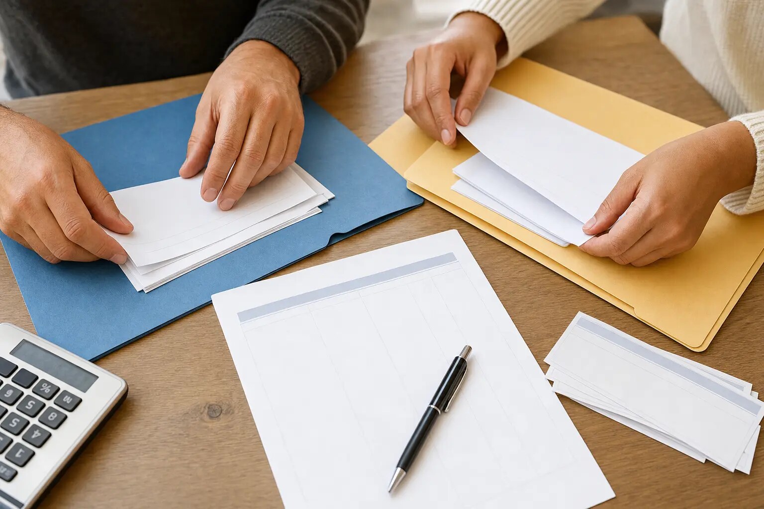 Two sets of household financial records being sorted into separate folders on a desk