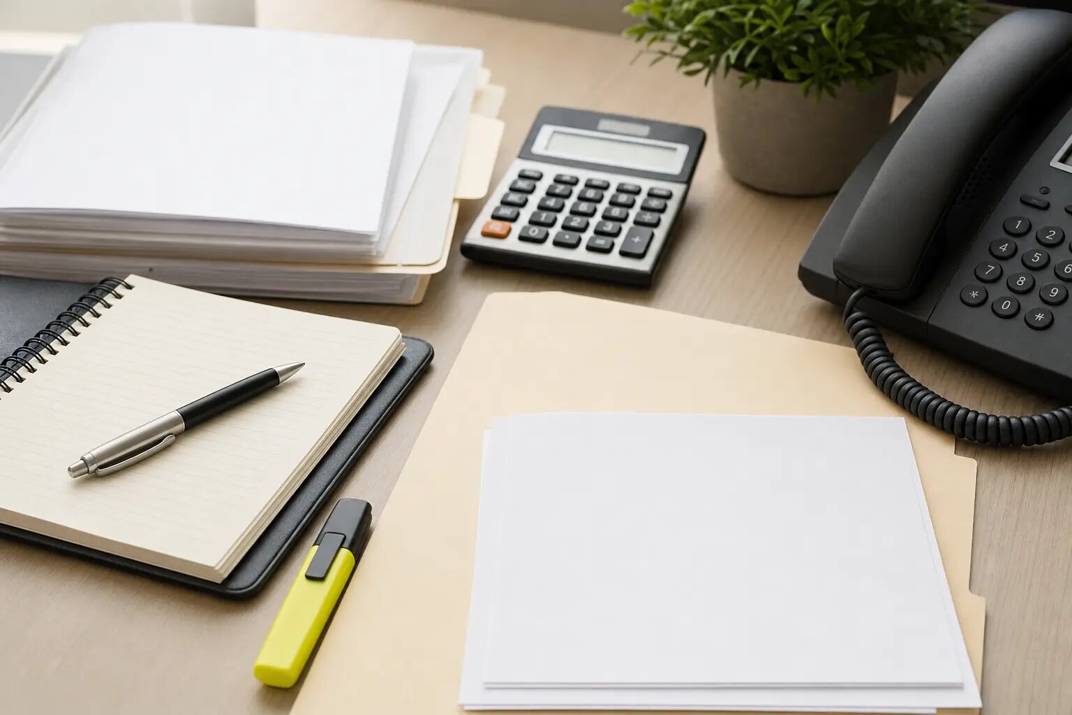 Organized blank financial records, calculator, folder, and telephone arranged for a careful tax-account review