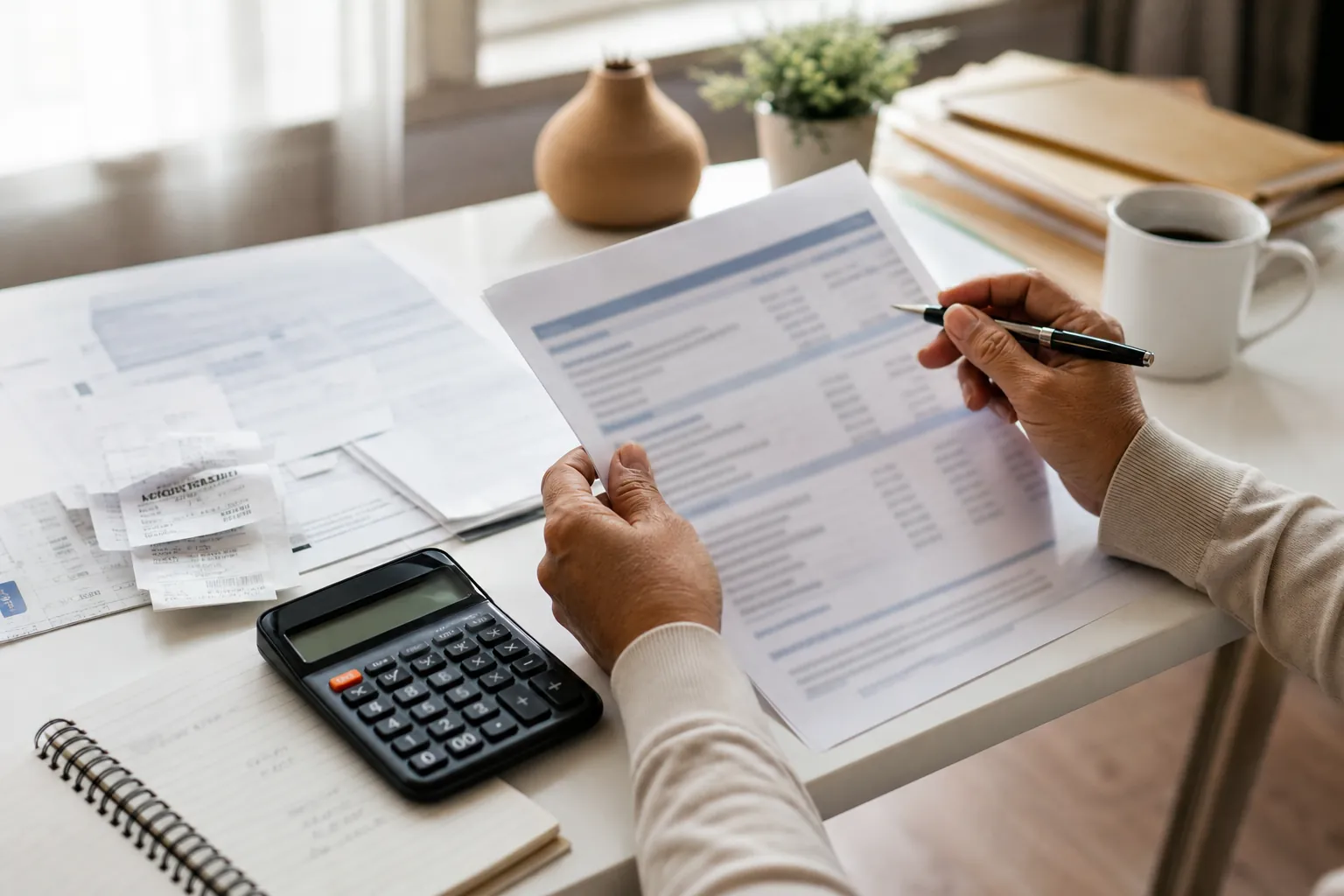 Hands reviewing a household budget worksheet beside bills and a calculator