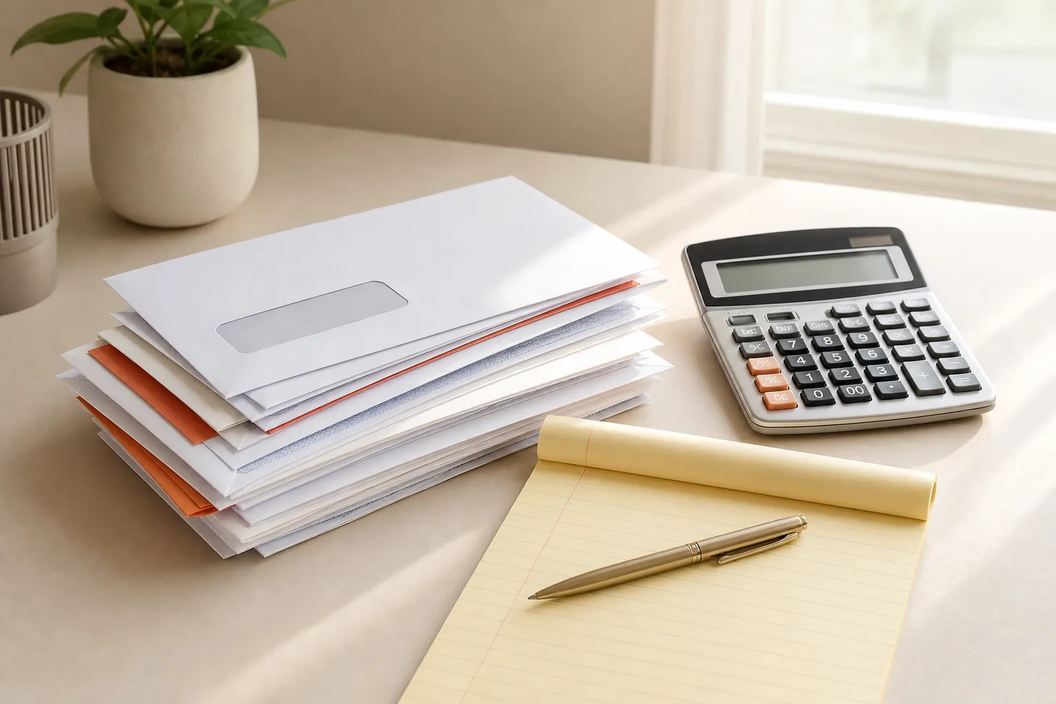 Tax notice envelopes, calculator, notepad, and pen arranged on a desk