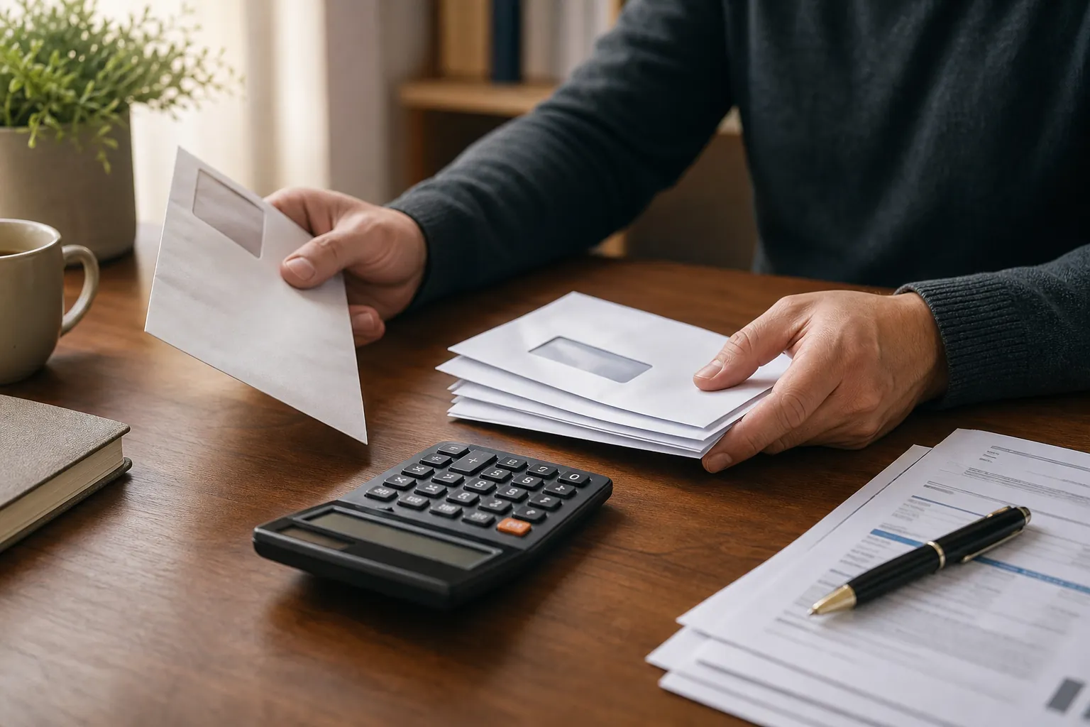 Hands sorting tax notice envelopes beside a calculator and paperwork