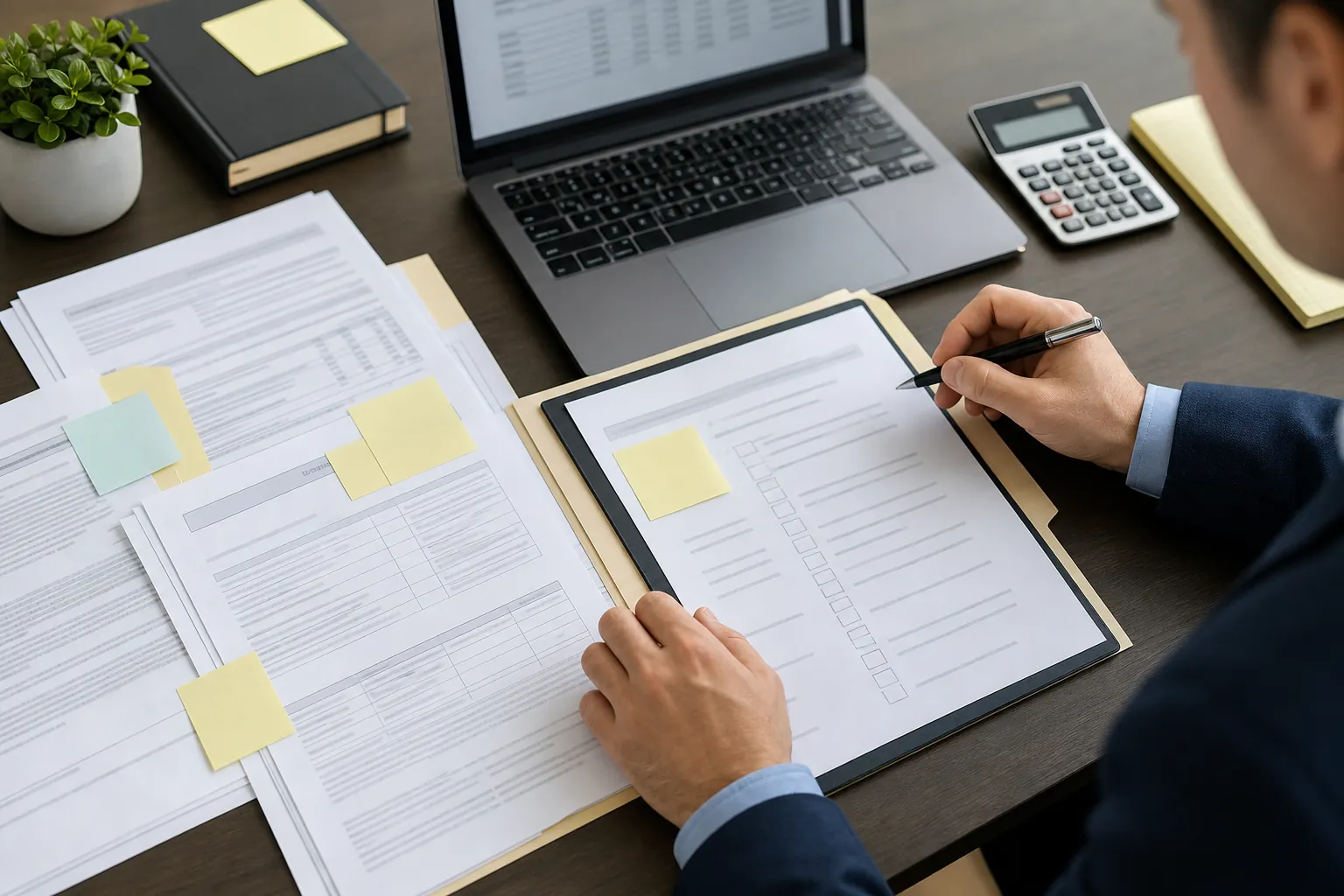 Advisor reviewing tax notice documents, folders, and a checklist