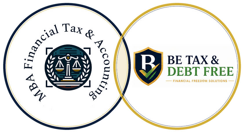 MBA Financial Tax & Accounting and Be Tax and Debt Free logos