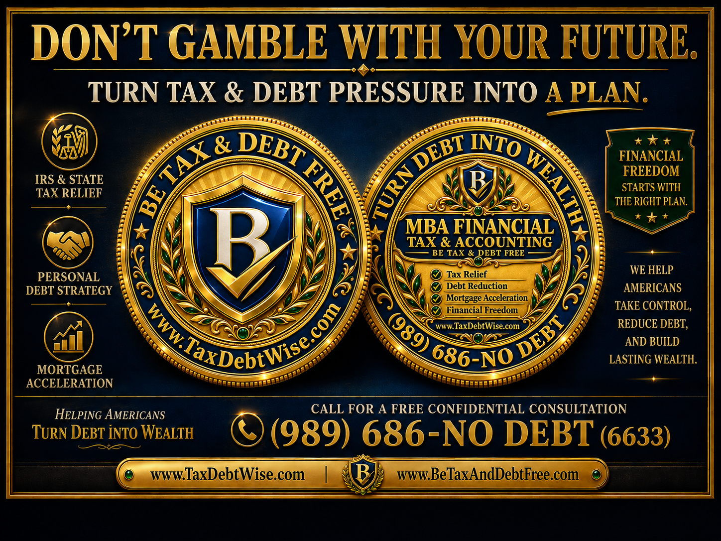 Gold Coin TaxDebtWise postcard front with tax and debt relief information