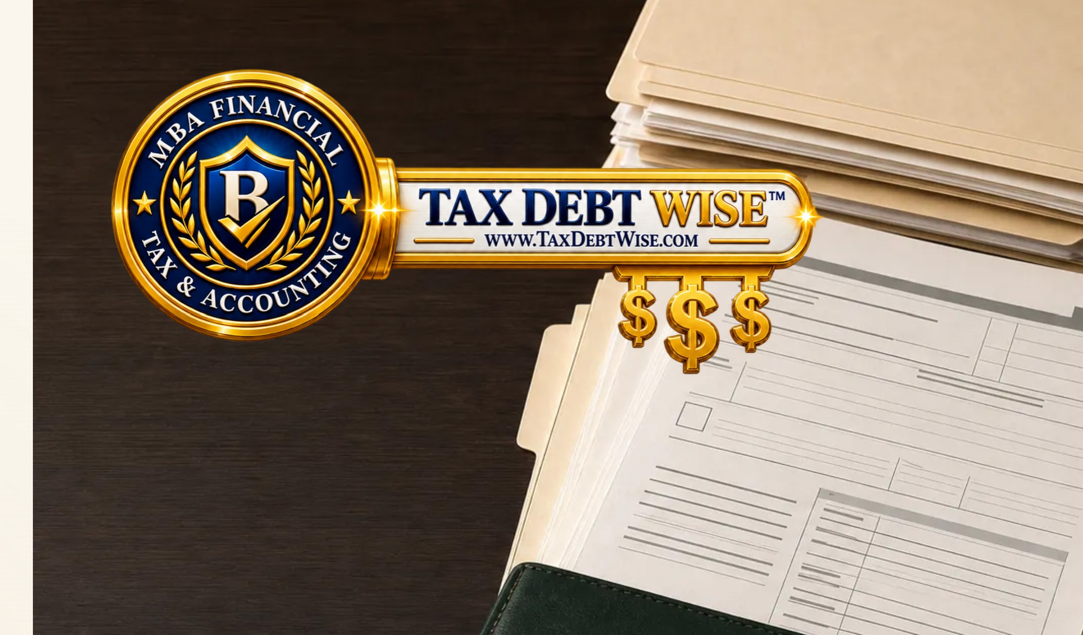 TaxDebtWise key with MBA Financial Tax and Accounting seal