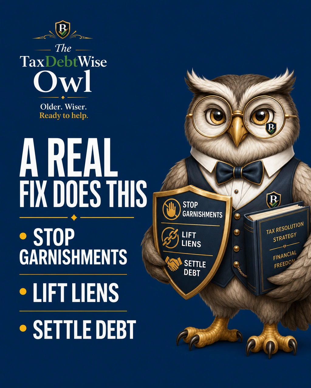 TaxDebtWise Owl holding a debt relief book