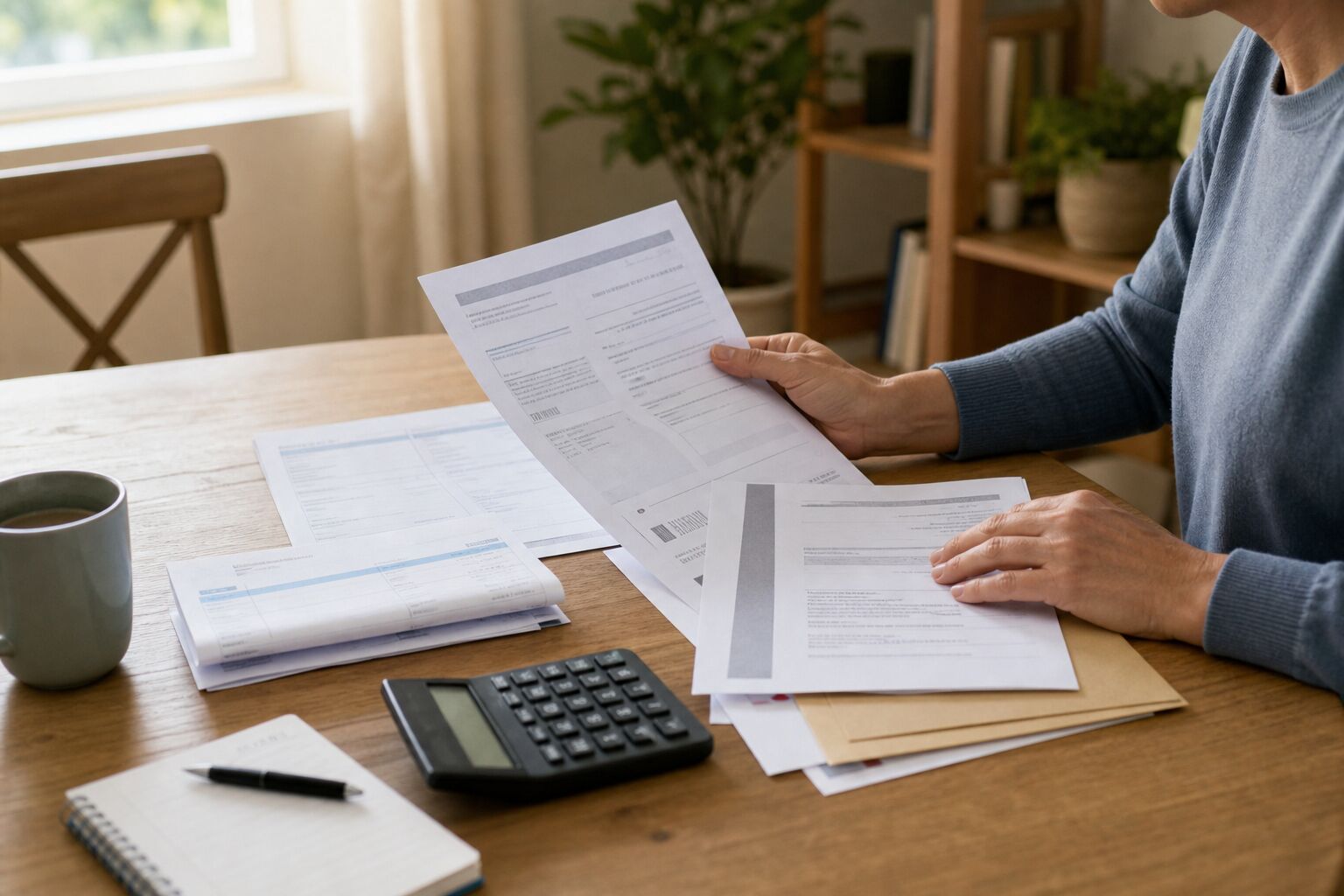 Taxpayer reviewing financial notices, bank records, and a calculator at home