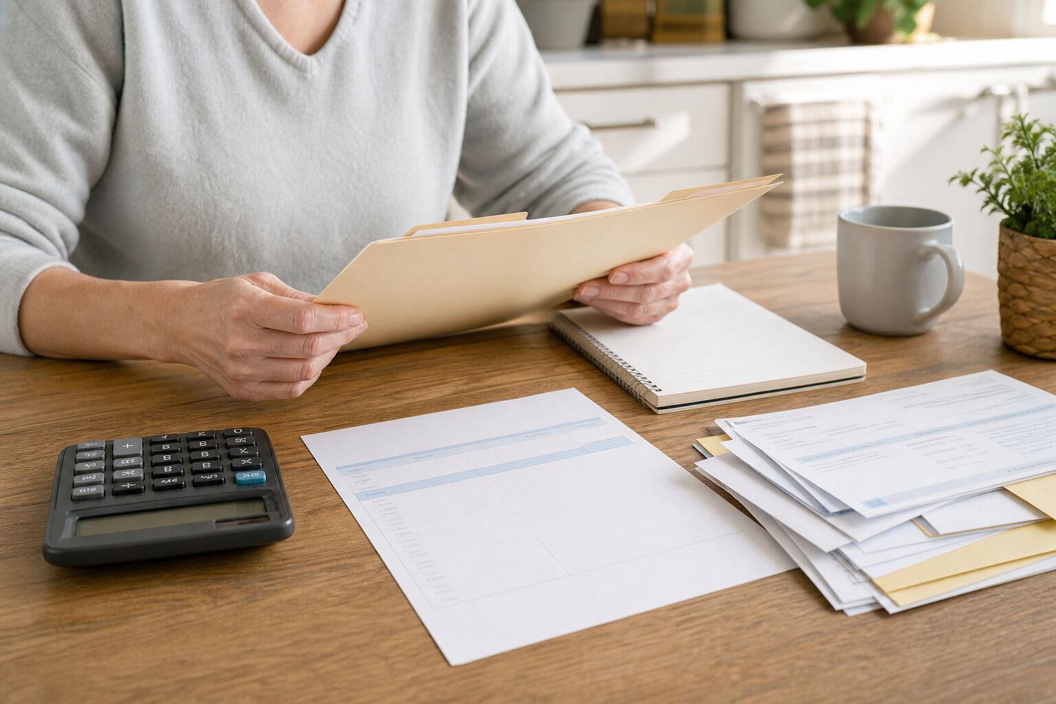 Taxpayer organizing financial documents and a folder before a review