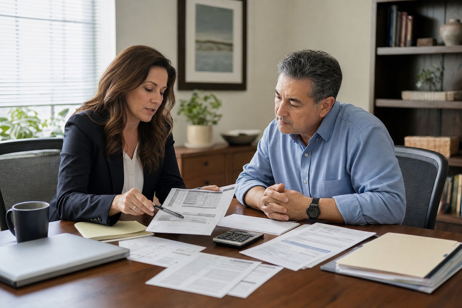 Tax professional and taxpayer reviewing tax notices, financial records, and a calculator together
