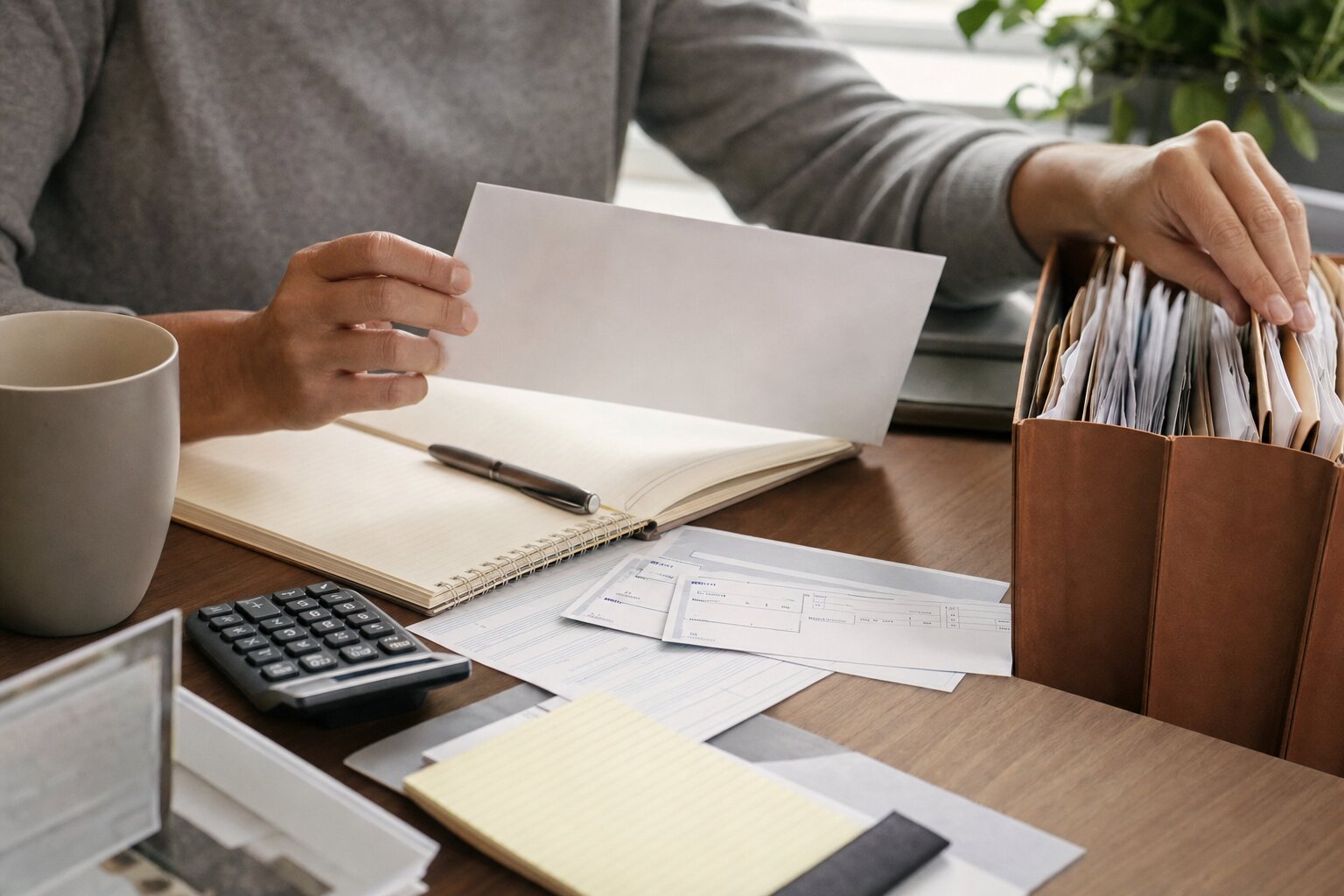 Taxpayer organizing correspondence, a household budget, and records before a financial review