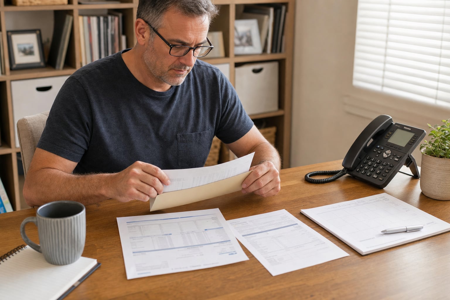 Taxpayer organizing financial documents and a household budget before a phone call