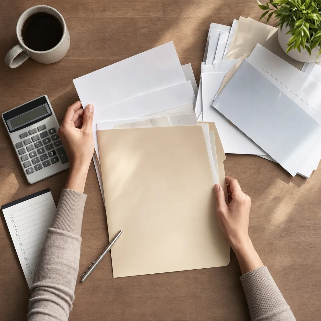 Hands organizing a folder, tax correspondence, and a checklist for review
