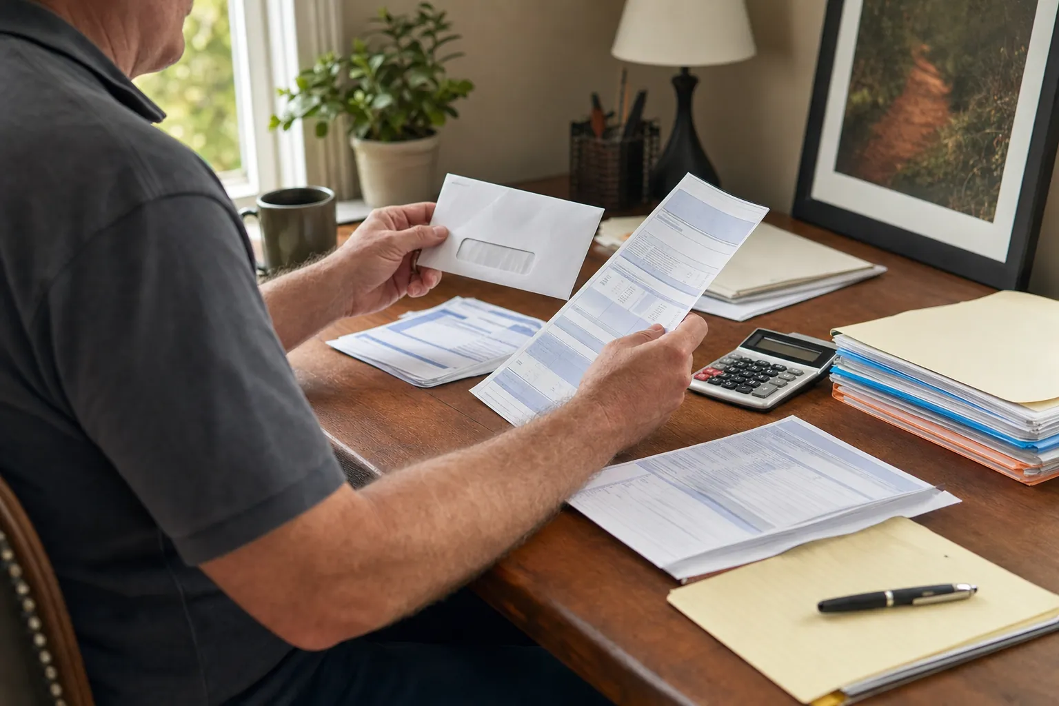Taxpayer reviewing a tax notice, financial documents, and calculator at a home desk