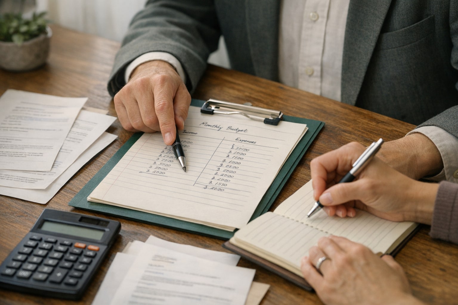 Tax professional and client comparing a monthly budget worksheet and notes