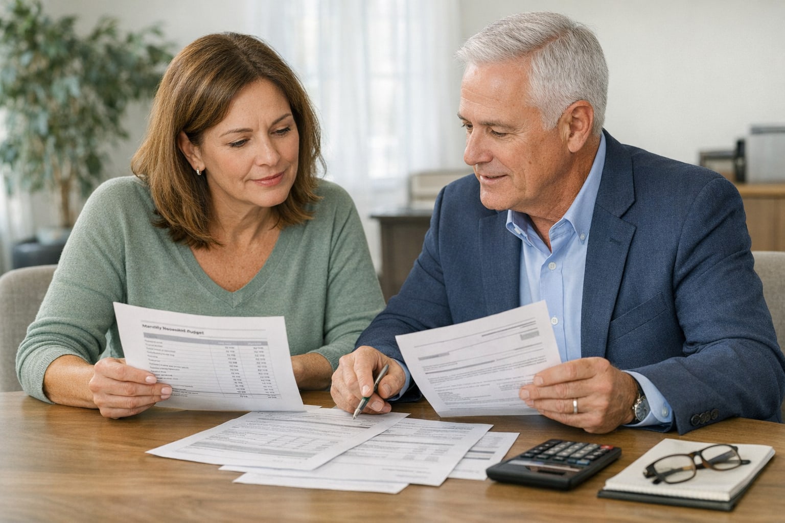 Taxpayer and tax professional reviewing a household budget, calculator, and tax documents together