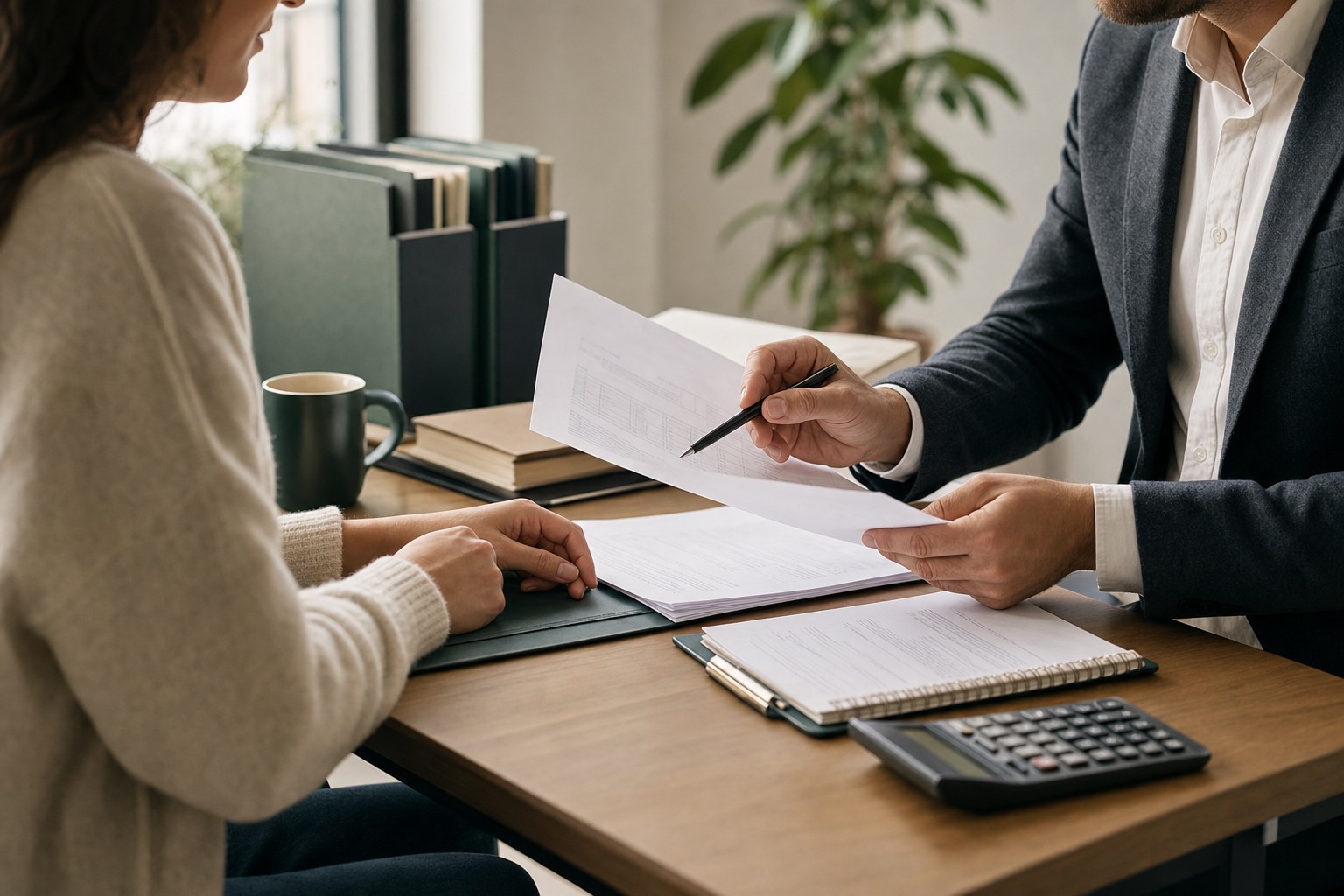Taxpayer and tax professional reviewing organized financial paperwork together