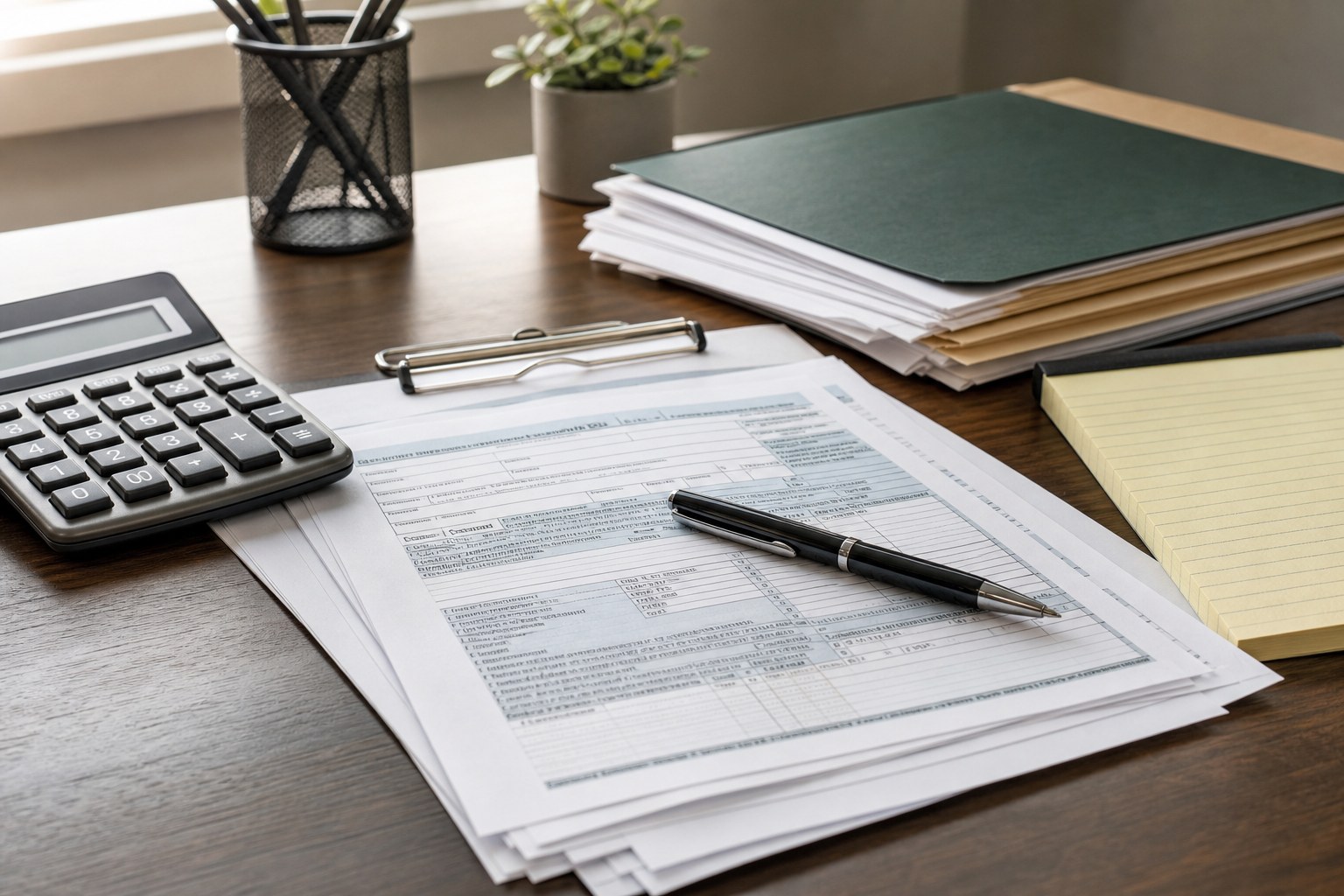 Organized financial documents, a calculator, and folders prepared for a tax-resolution review