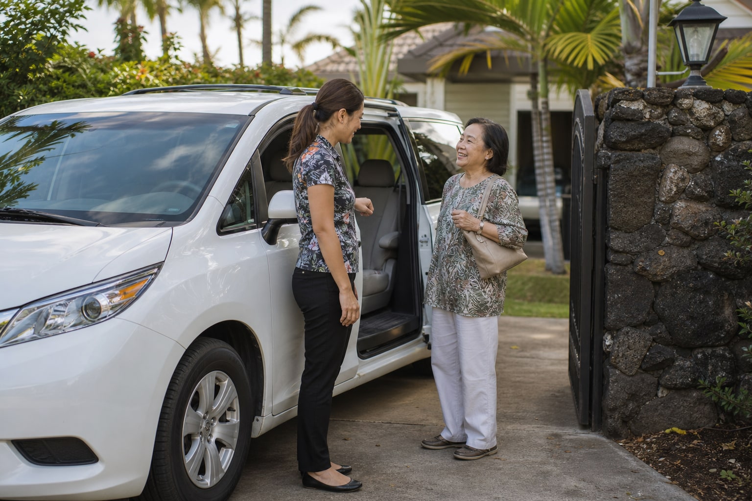A female driver greeting an older member-client outside a Honolulu home