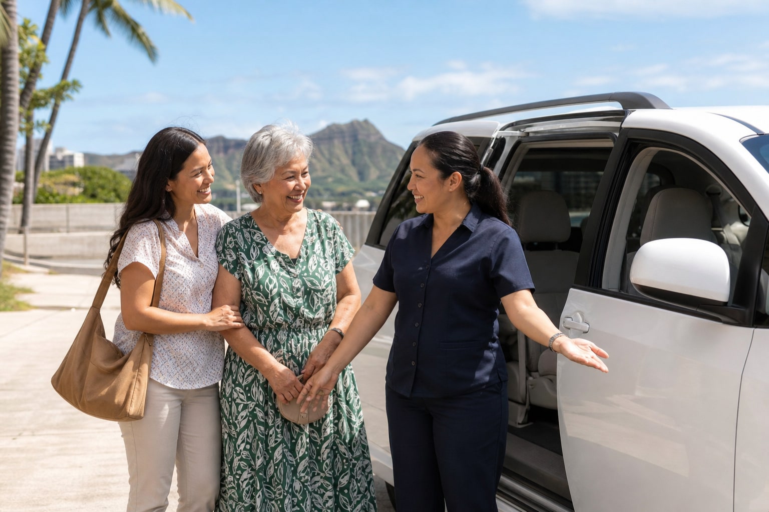 An adult daughter spending time with her older mother in Honolulu