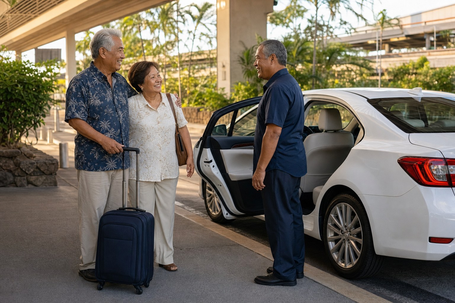 An older couple greeted beside a white sedan at an airport
