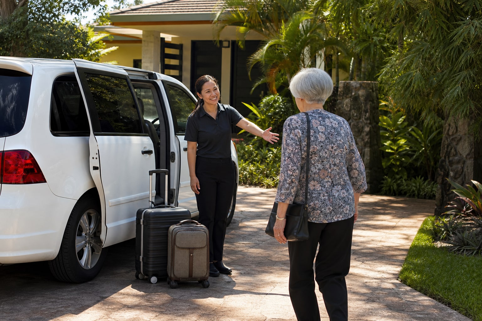 A female driver welcoming an older traveler home from a white passenger minivan