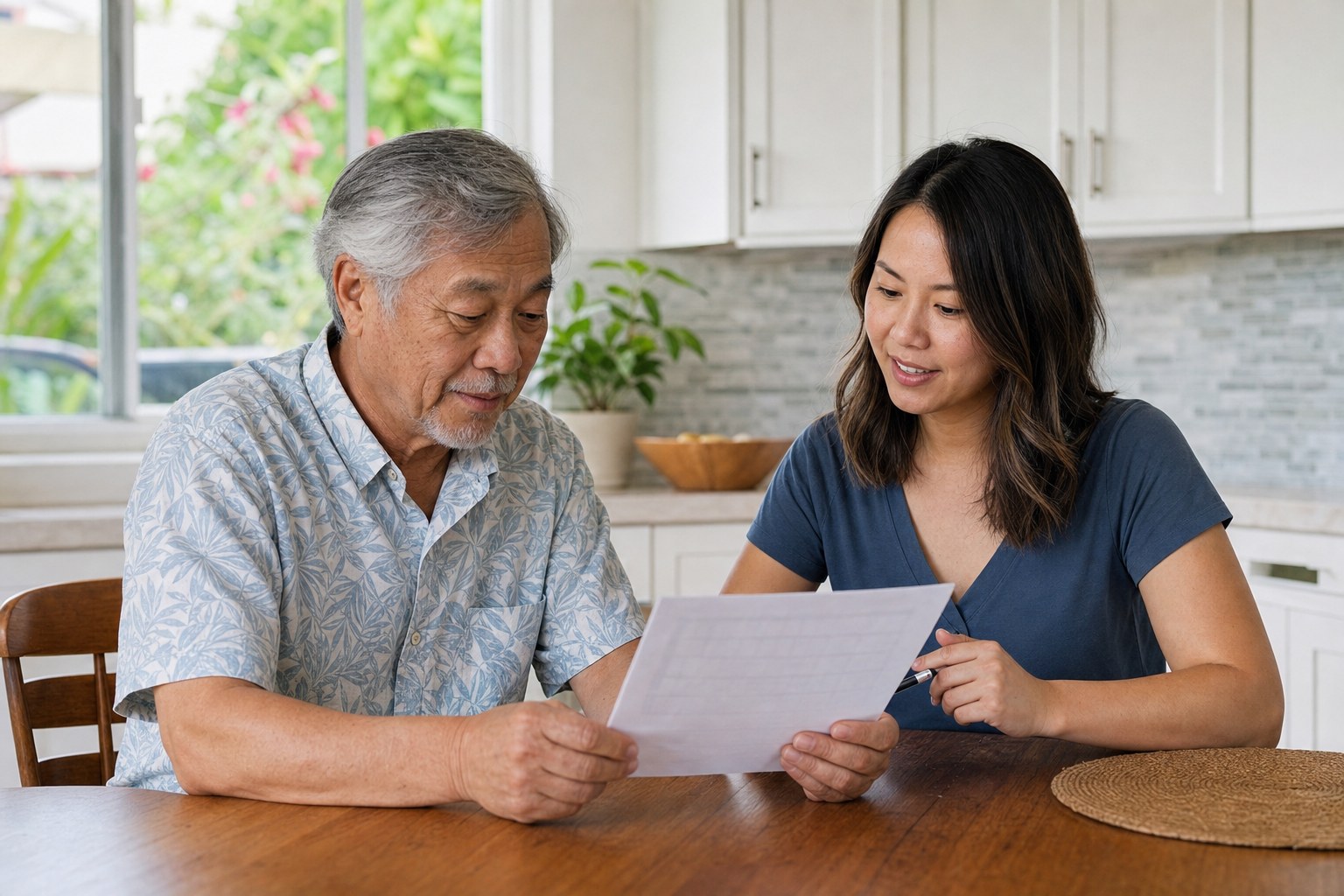 An older man and his adult daughter reviewing a plan together at home