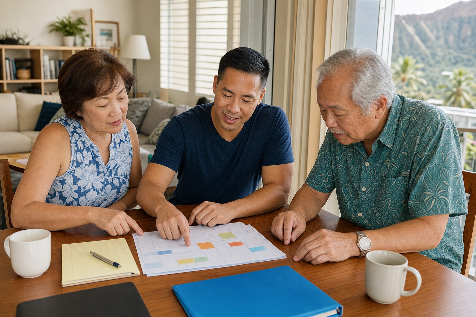 An older couple and their adult son reviewing a weekly transportation plan at home