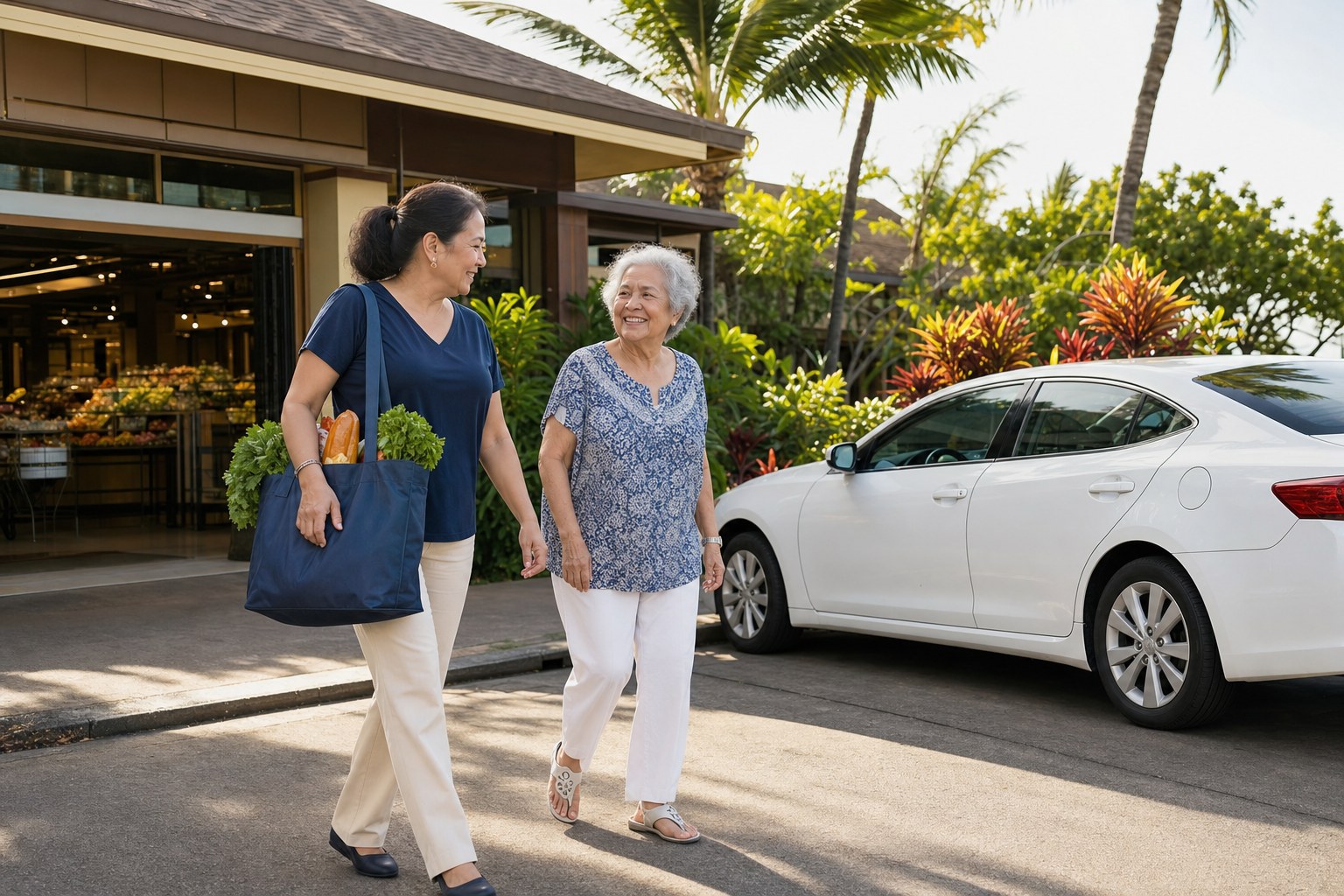 A companion walking beside an older woman with groceries