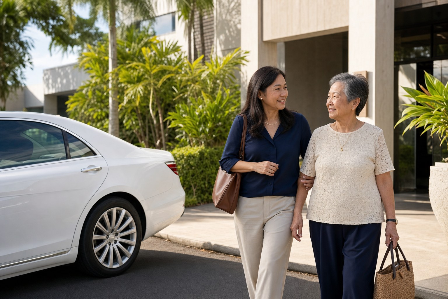 An older woman walking with her daughter toward a Honolulu office