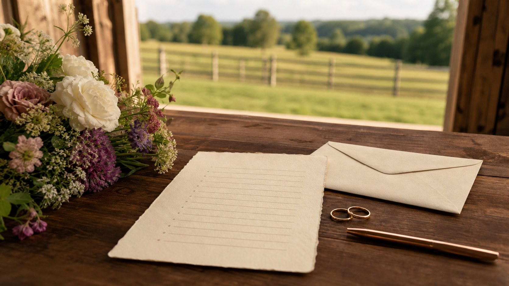 Small wedding checklist with flowers, rings and an invitation on a farm table