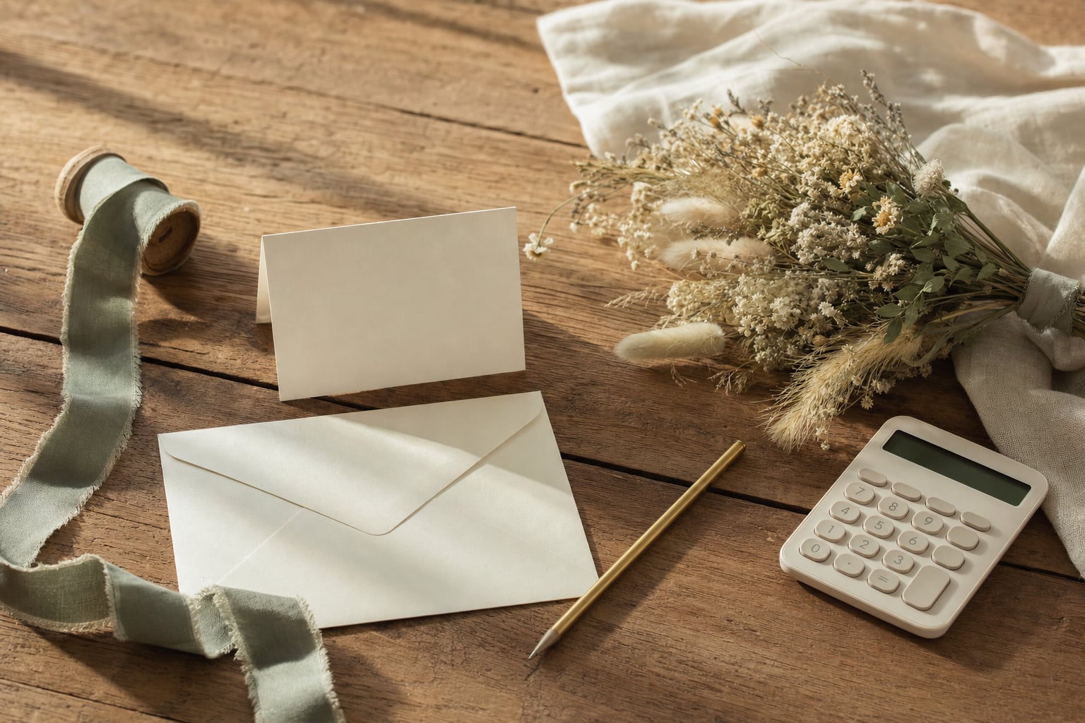 Wedding planning details with an envelope, flowers and calculator